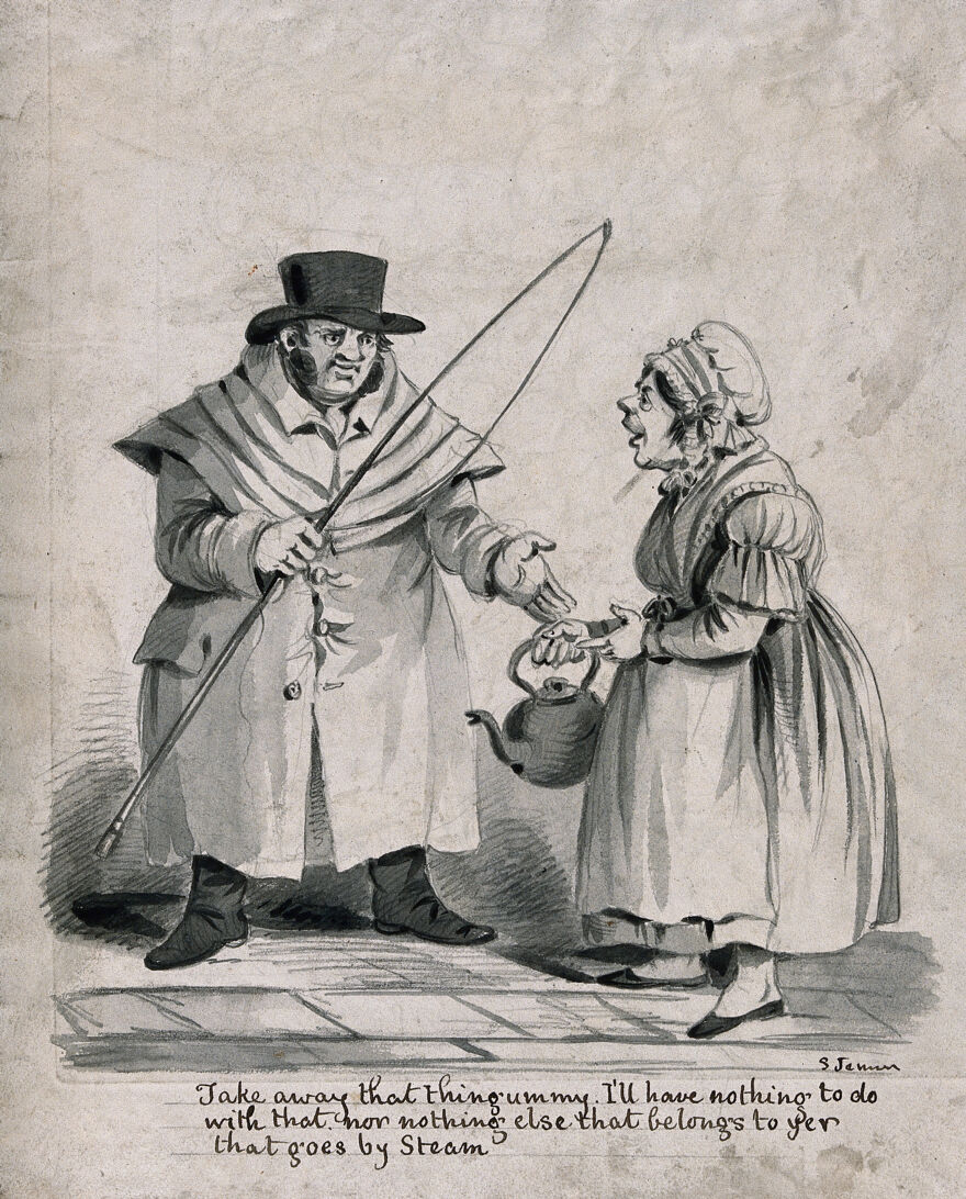 A coachman with a whip and a woman with a kettle: the man mistrusts anything using steam (implying steam trains). Pencil and ink wash by S. Jenner, ca. 1830.